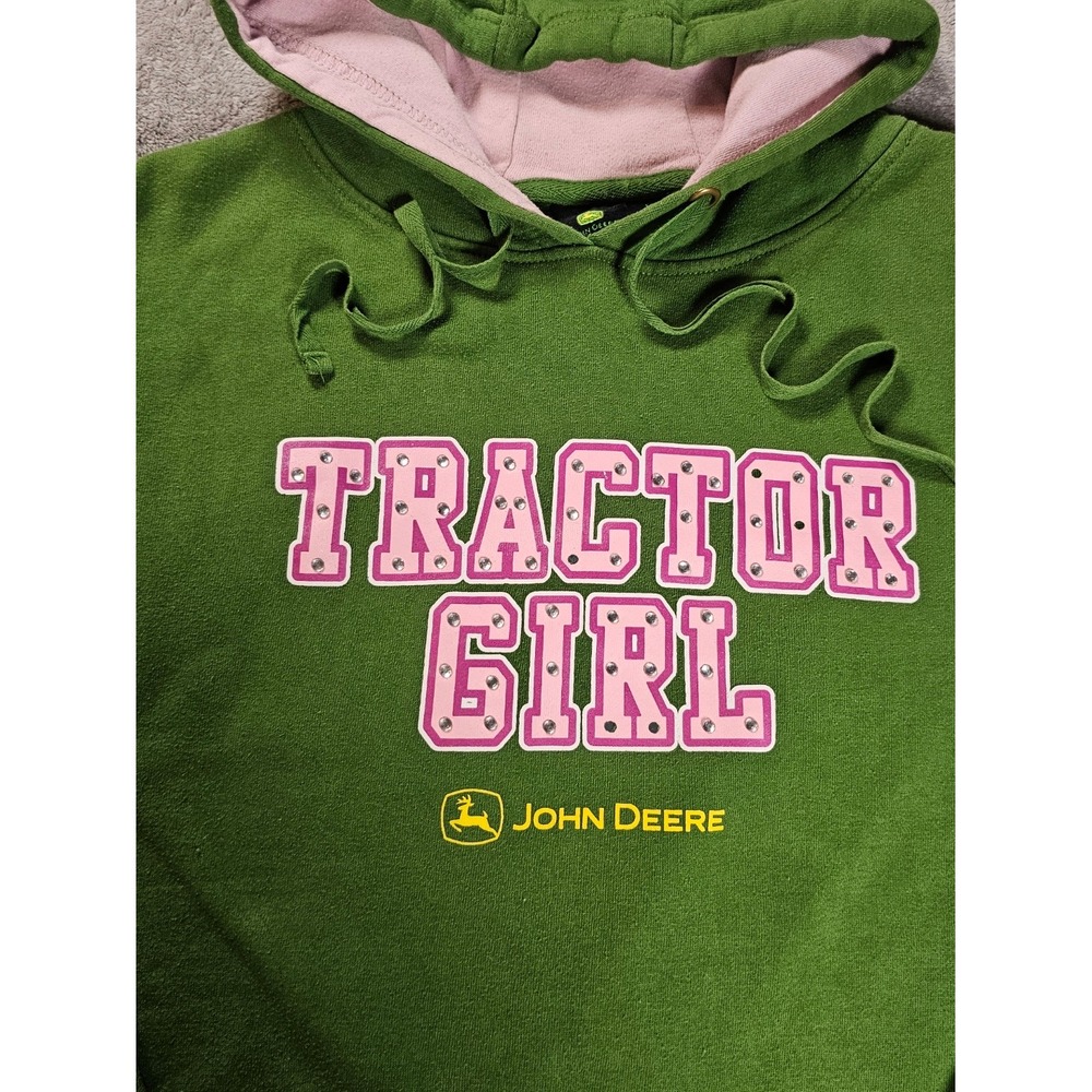 John Deere Tractor Girl Hoodie Green Pink Rhinestone hoodie cowgirl western y2k - Picture 5 of 7